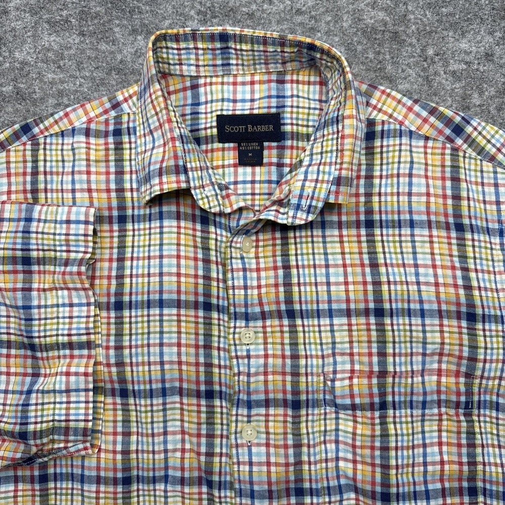 Scott Barber linen shirt men's medium plaid short sleeve beach resort casual